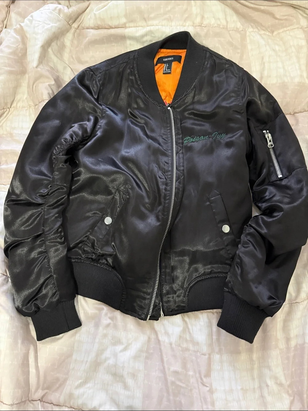 Custom Black Satin Bomber Jacket with Orange Lining and Gotham City Sirens logo